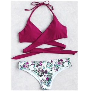 Floral Halter Wrap Knotted Back Bikini Set 👙